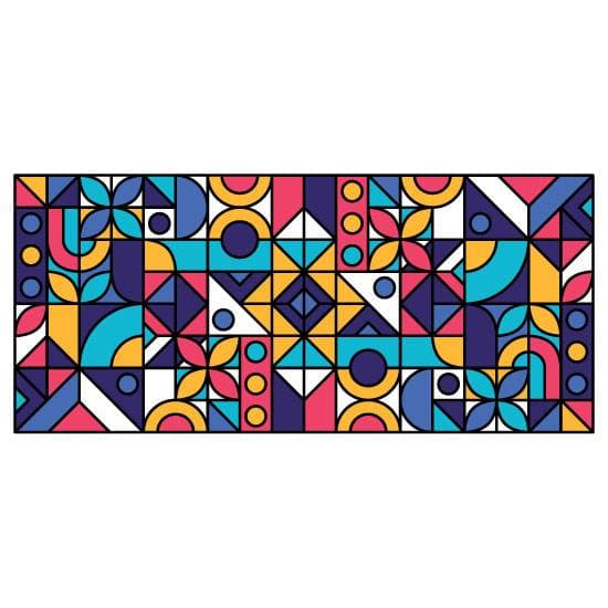 a stained glass window film with many shapes and colours