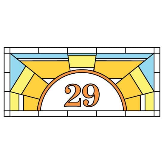 Sun stained glass window film with a central door number in orange.