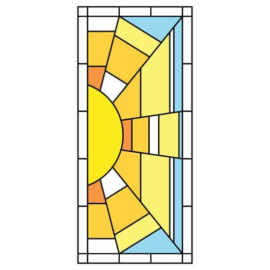 A portrait stained glass window film design with a sun in yellow and blue