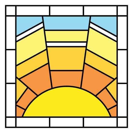 Stained glass sun window film with orange, yellow and blue colours.