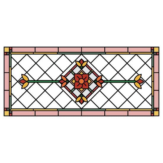 A Victorian stained glass window film with simple flowers and a green and pink border.