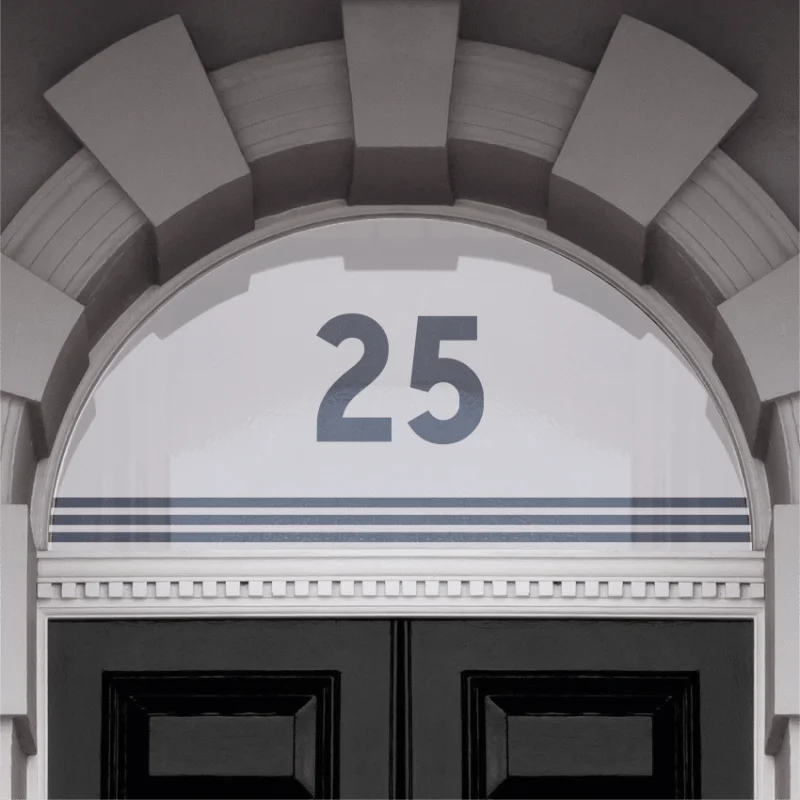 Plain arch Fanlight house number window light window film with curved number surround with 3 lower stripes
