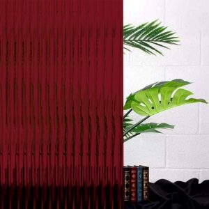 red reeded glass with a green plant behind.