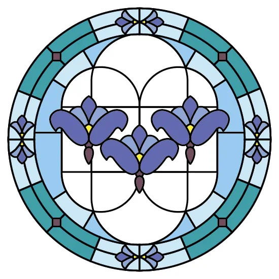 A purple stained glass window film design with central flowers in a round shape for porthole windows