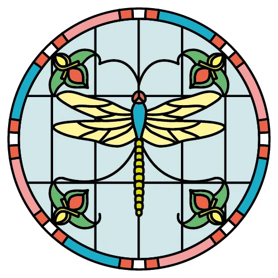 a dragonfly stained glass window film in a circle shape