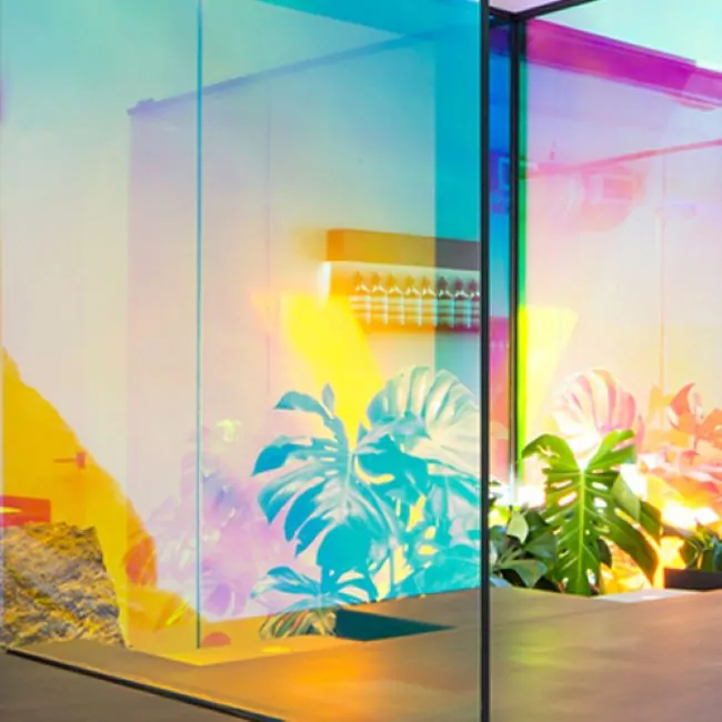 colour changing window film showing blue, pink and yellow hues