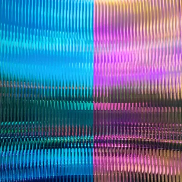 colourful dichroic reeded window film in pink and blue.