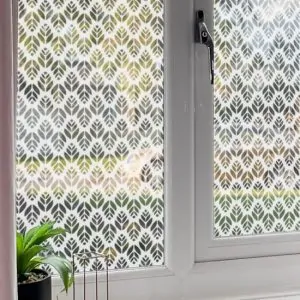 Leaf patterned frosted window film installed onto a window