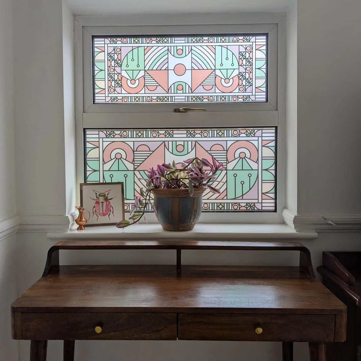 Luna Geometric Stained Glass Window Film in Pink And Green