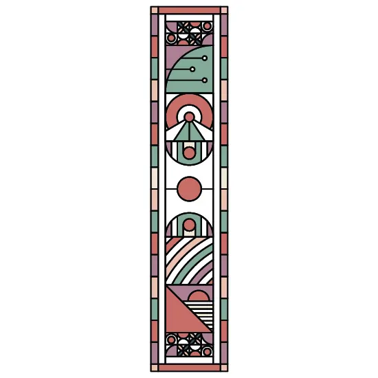 a tall pink stained glass window film with a modern shaped design