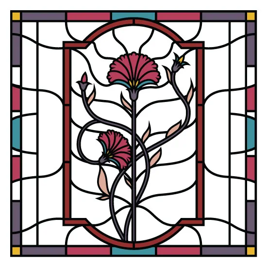 Square traditional stained glass window film with a central red flower