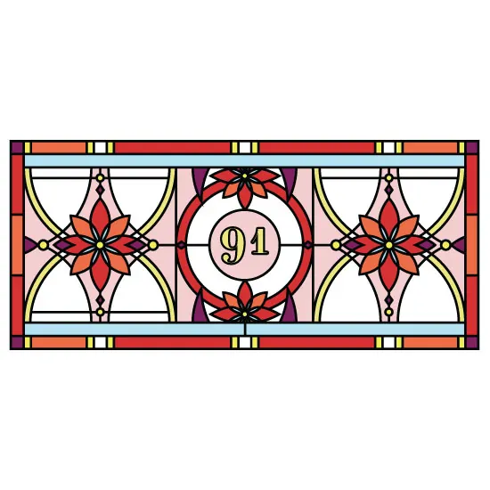 Red and orange flower stained glass window film with a central door number