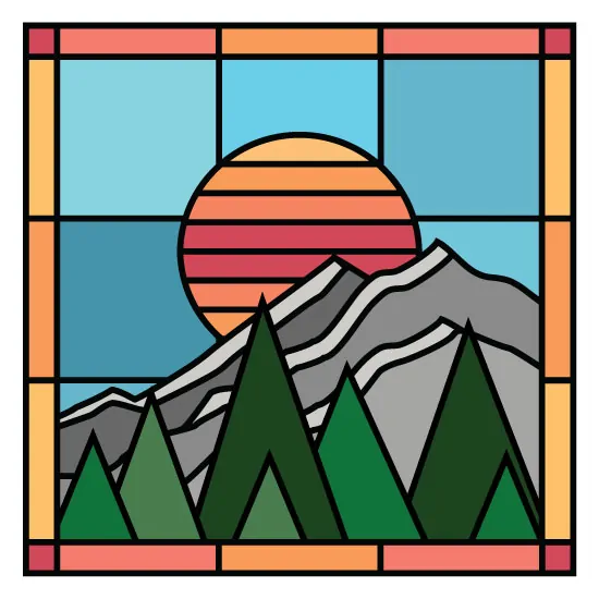 sun stained glass window film with mountains and a blue background with trees