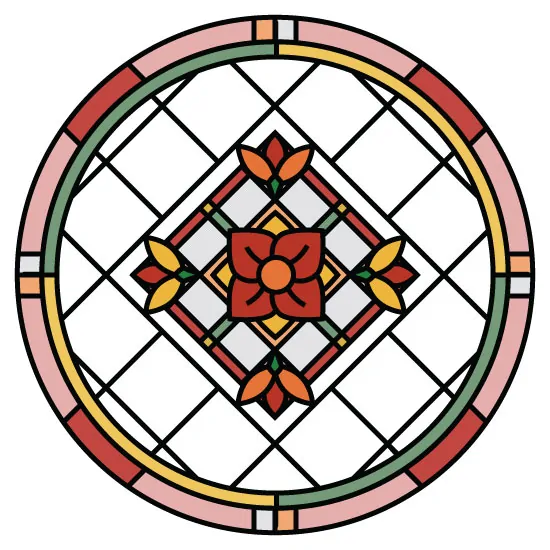 traditional checkered stained glass window film in a circular design