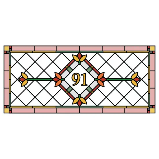 Traditional checkered stained glass door number with ornate flowers and a pink border