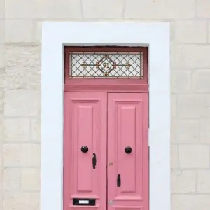 Ruby victorian stained glass window film with central door number