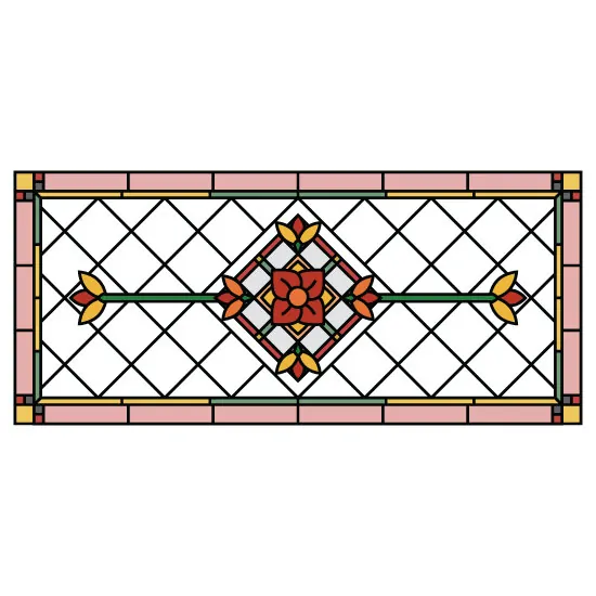 A Victorian stained glass window film with simple flowers and a green and pink border.