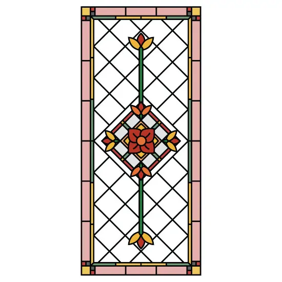 a Victorian stained glass window film with a checkered pattern and simple flowers.