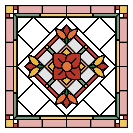 A square Victorian stained glass window film with a red center flower surrounded by simple flowers.