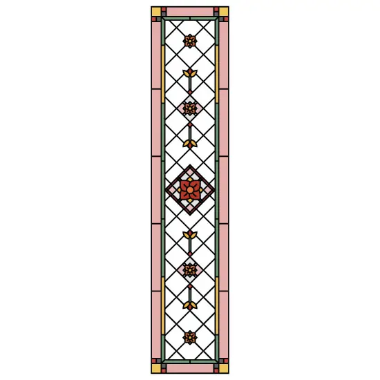 A simple stained glass window film design with flowers and a pink border