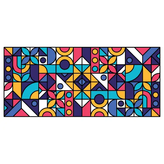 a stained glass window film with many shapes and colours