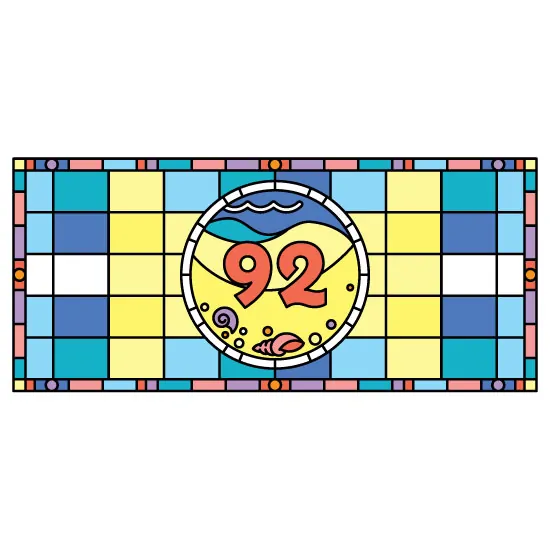 beach stained glass window film with a central door number