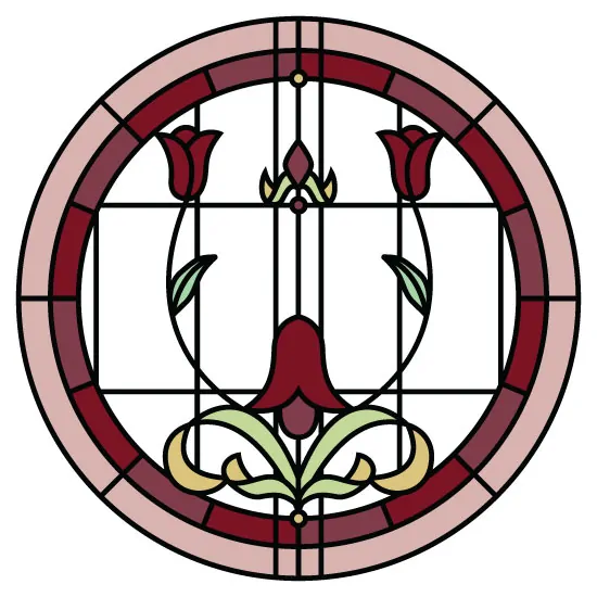 circle stained glass window film with a red and pink border and flowers